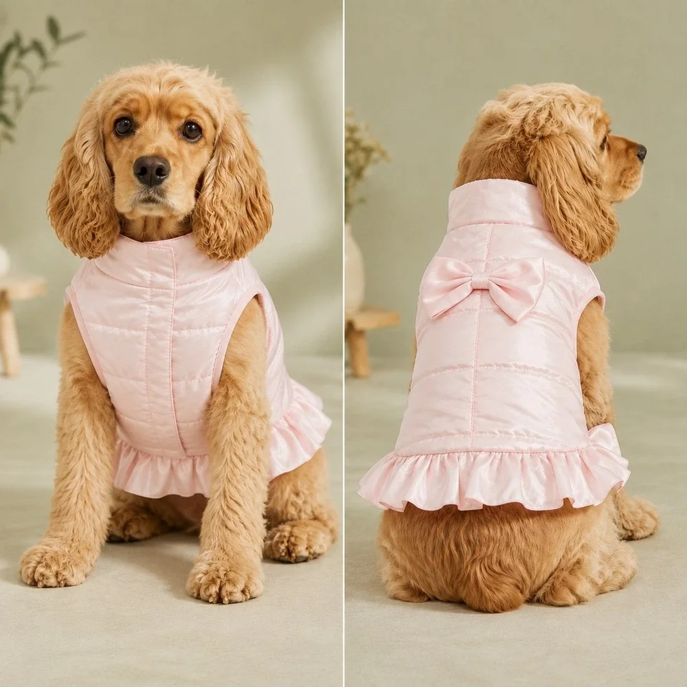 Dog Puffer Vest Size Medium Pink With Bow Hook & Loop Closure Coquette Gorpcore